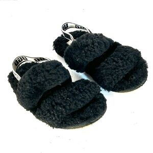 Ugg Oh Yeah Black Shearling Toddler Size 10 Logo Slingback Strap Sheepskin